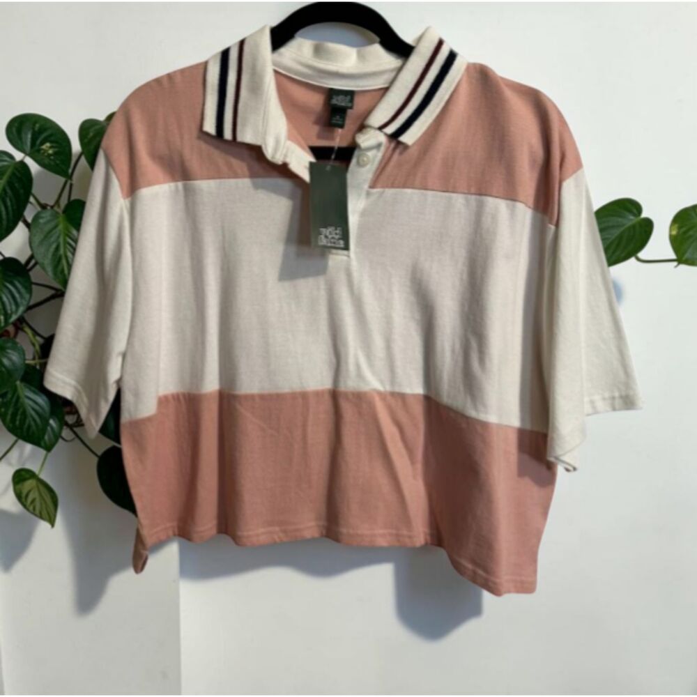 Wild Fable Cropped Rugby Polo Shirt Pink & White Striped Short Sleeve Top